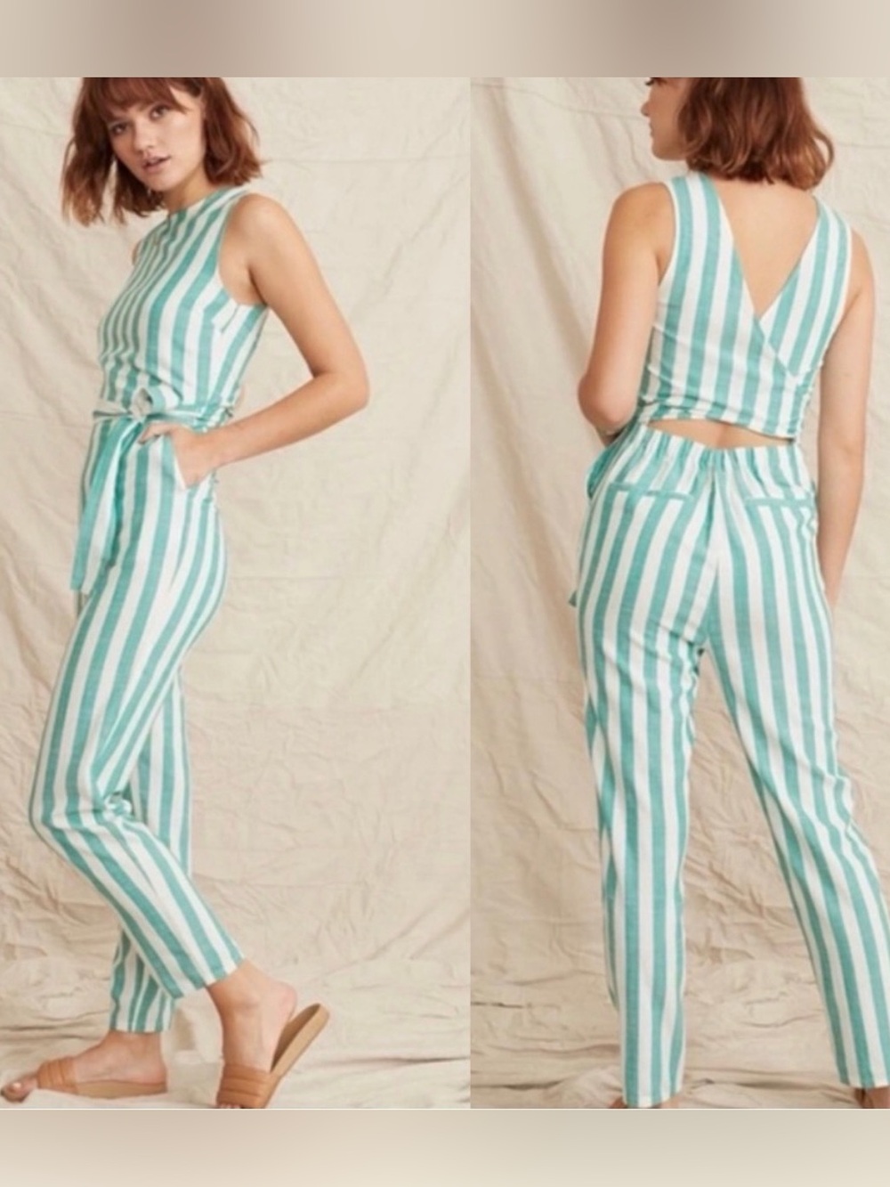 Marine Layer Eloise Belted Jumpsuit Green Stripes